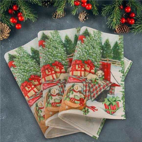 Christmas Placemats Set of 6, Cotton Burlap Red Truck Table Mats, 12x16 inch - Picture 6 of 7
